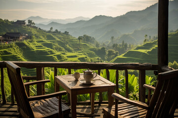 Fototapeta na wymiar wooden terrace with wooden chairs coffee mugs on the table landscape view of terraced rice fields and mountains is the background in morning warm light