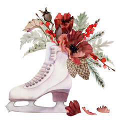 Hand drawn watercolor figure skating boots with flower compositions, winter sports footwear. Illustration isolated on white background. Design poster, print, website, card, invitation, shop brochure