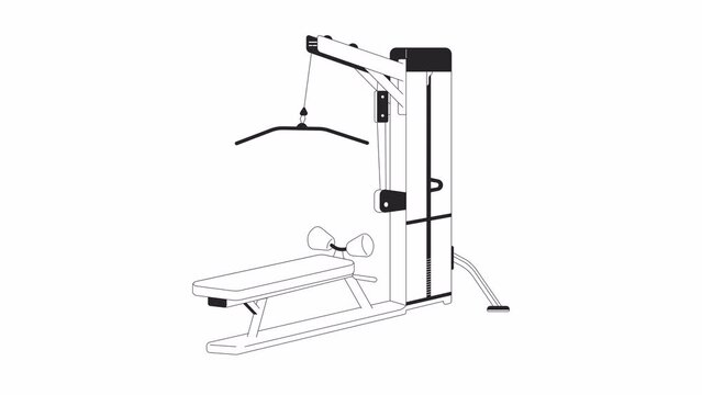 Lat pulldown machine in action bw outline 2D object animation. Powerlifting. Sport gym equipment monochrome linear cartoon 4K video. Pull down weight machine animated item isolated on white background