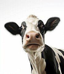 A curious black and white cow staring directly at the camera
