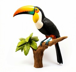 A colorful toy toucan perched on a tree branch