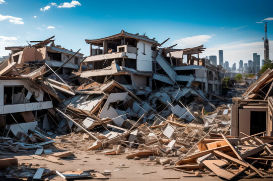 地震で壊れた家。大地震で崩壊した町並みの画像生成AI.