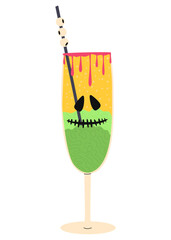 Vector illustration of a cocktail for Halloween. A delicious drink with various additives and a straw with a glass. Isolated design on a white background.