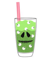 Vector illustration of a smoothie for Halloween. A delicious drink with various additives and a straw with a glass. Isolated design on a white background.