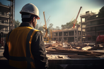 An engineer is supervising the construction of a building - obrazy, fototapety, plakaty