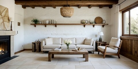 Beautiful rustic living room interior decorating with stone wall and sofa - obrazy, fototapety, plakaty