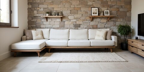 Beautiful rustic living room interior decorating with stone wall and sofa
