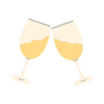 A flat vector cartoon illustration depicting two clinking wine glasses. Drawing for a holiday, a party, a special event. Isolated design on a white background.