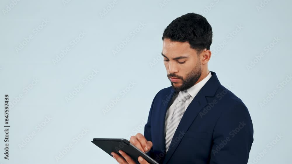 Poster thinking, business man and tablet in studio for planning research, insight and problem solving on gr