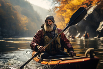 elderly man floating on a kayak along an autumn river