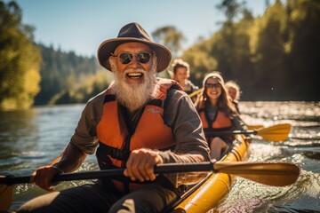 elderly man with a gray beard kayaking on the river with friends