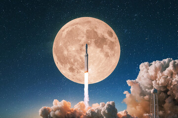 Rocket spaceship with smoke and blast takes off into the starry sky with a full moon. Start of the...