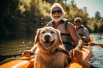 elderly man with a gray beard kayaking on the river with his dog - obrazy, fototapety, plakaty