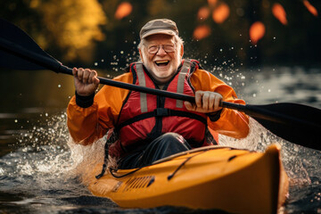 happy elderly man floating on a kayak along an autumn river - obrazy, fototapety, plakaty