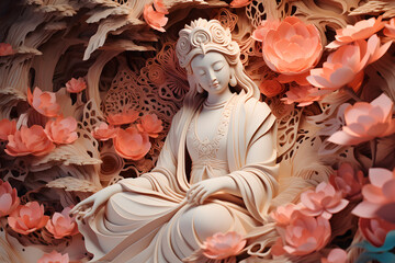 Guan Yin, craft 3d paper, crafted sculptural paper constructions and woodcarvings