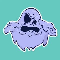 Image of a funny ghost. Sticker with a ghost. Halloween sticker. Cartoon character for comics and postcards – ghost. Vector image