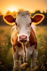 Couverture de livre d'une vache dans un champ au coucher du soleil » IA générative