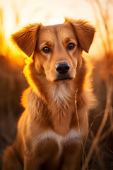 Obraz premium Couverture de livre d'un chien à poil roux dans un champ au coucher du soleil » IA générative