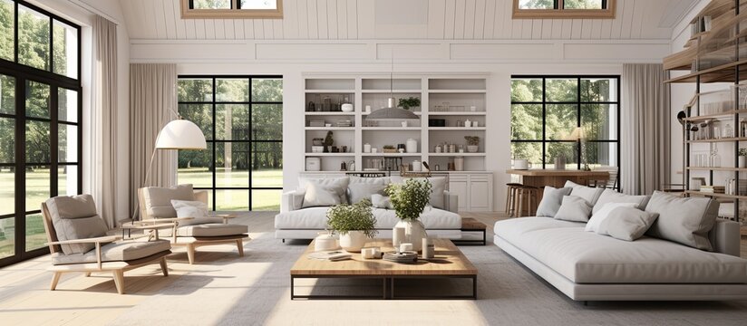 home interior design concept with cosy living room design by farm house scheme concept living room with wooden decorate light from window sofa and comfort ambient atmoshere home design,ai generate