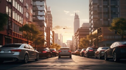 a row of parked cars along a city street, with the towering buildings of the urban landscape providing a dramatic backdrop. - obrazy, fototapety, plakaty