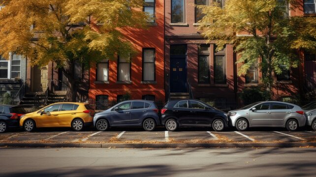 a row of parked cars along a city street, with the towering buildings of the urban landscape providing a dramatic backdrop.