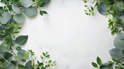 Foto op Plexiglas an empty white circle watercolor sheet of paper and carefully arranged green leaves on a light gray concrete background. Ensure the image has ample copy space for added flexibility in advertising © ZinaZaval