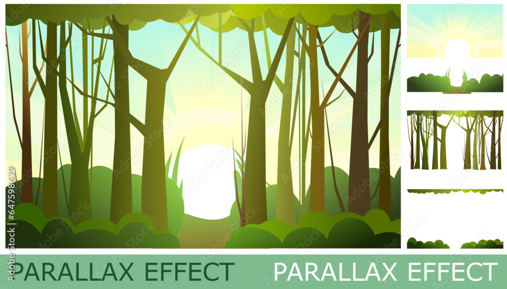 Wall mural sunny morning in forest. set of slides create parallax image layer. cartoon style. isolated on white