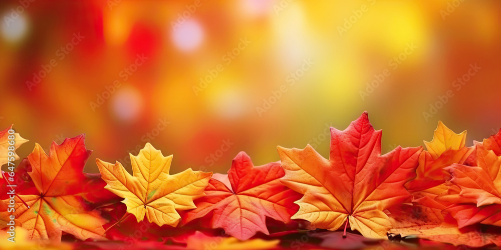 Wall mural autumn horizontal banner with a frame of bright red and yellow maple leaves on blurred background. f