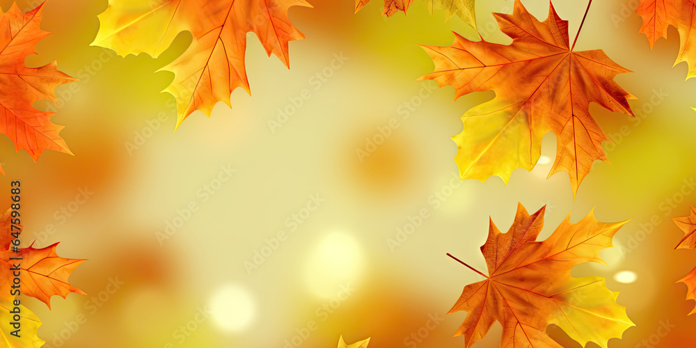 Wall mural horizontal autumn banner with a frame of beautiful yellow maple leaves on blurred background with bo