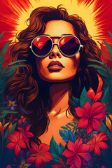 Couverture de livre illustration d'une belle femme avec lunettes de soleil et fleurs » IA générative