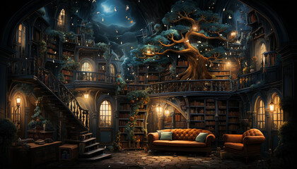 Magic dark castle interior with a big tree, a sofa and a bookcase in Christmas night