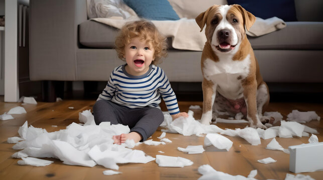 Dog destroys living room sofa and sits proudly in his constructed mess. next to a bay