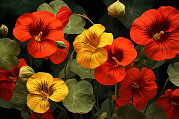 Close-up View of a bright, blooming nasturtium flower in Nature - obrazy, fototapety, plakaty