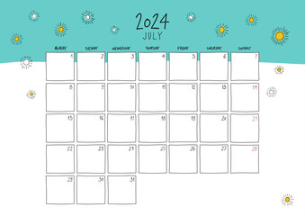 July 2024 wall calendar. Colorful sketch style. A4 horizontal template.
