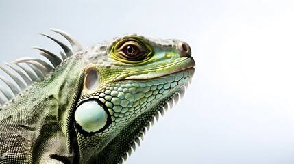 Fototapeta premium Iguana head macro close-up, isolated on white background, copy space