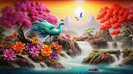 beautiful oil painting colorful birds on waterfall generated by AI tool