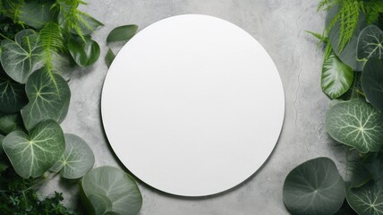 an empty white circle watercolor sheet of paper and carefully arranged green leaves on a light gray concrete background. Ensure the image has ample copy space for added flexibility in advertising