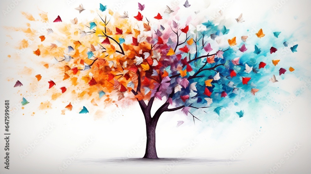 Poster tree with colorful butterflies colorful background generated by ai tool