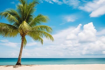 Palm tree on tropical beach and sand with blue sky background. 