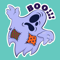 Image of a funny ghost. Sticker with a ghost. Halloween sticker. Cartoon character for comics and postcards – ghost. Vector image