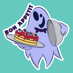 Image of a funny ghost. Sticker with a ghost. Halloween sticker. Cartoon character for comics and postcards – ghost. Vector image