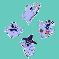 Small sticker pack. Image of a funny ghosts. Stickers with a ghost. Halloween sticker. Cartoon characters for comics and postcards – ghosts. Vector image