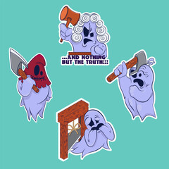 Small sticker pack. Image of a funny ghosts. Stickers with a ghost. Halloween sticker. Cartoon characters for comics and postcards – ghosts. Vector image