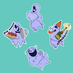 Small sticker pack. Image of a funny ghosts. Stickers with a ghost. Halloween sticker. Cartoon characters for comics and postcards – ghosts. Vector image