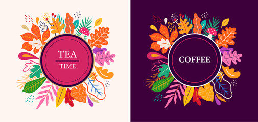 Coffe and tea illustrations. Package design. Autumn colorful templates with autumn leaves