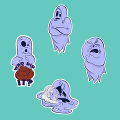 Small sticker pack. Image of a funny ghosts. Stickers with a ghost. Halloween sticker. Cartoon characters for comics and postcards – ghosts. Vector image
