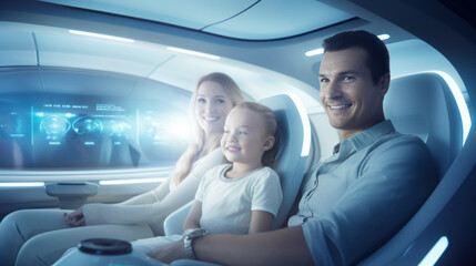 People ride in a self-driving car controlled by an artificial intelligence autopilot. Future technologies, internet of things and smart devices concept.