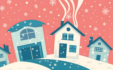 Winter landscape with houses and snowflakes. in retro style.