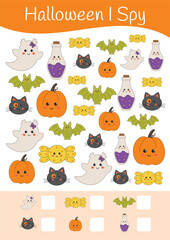 Halloween math worksheet. I spy. Mathematic activities for schooling, early education. Counting educational logical game. Kid lessons, Halloween preschool kindergarten educational activity for kids.