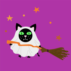Happy Halloween sticker with Cute black cat dressed as a ghost with broom. holiday clipart